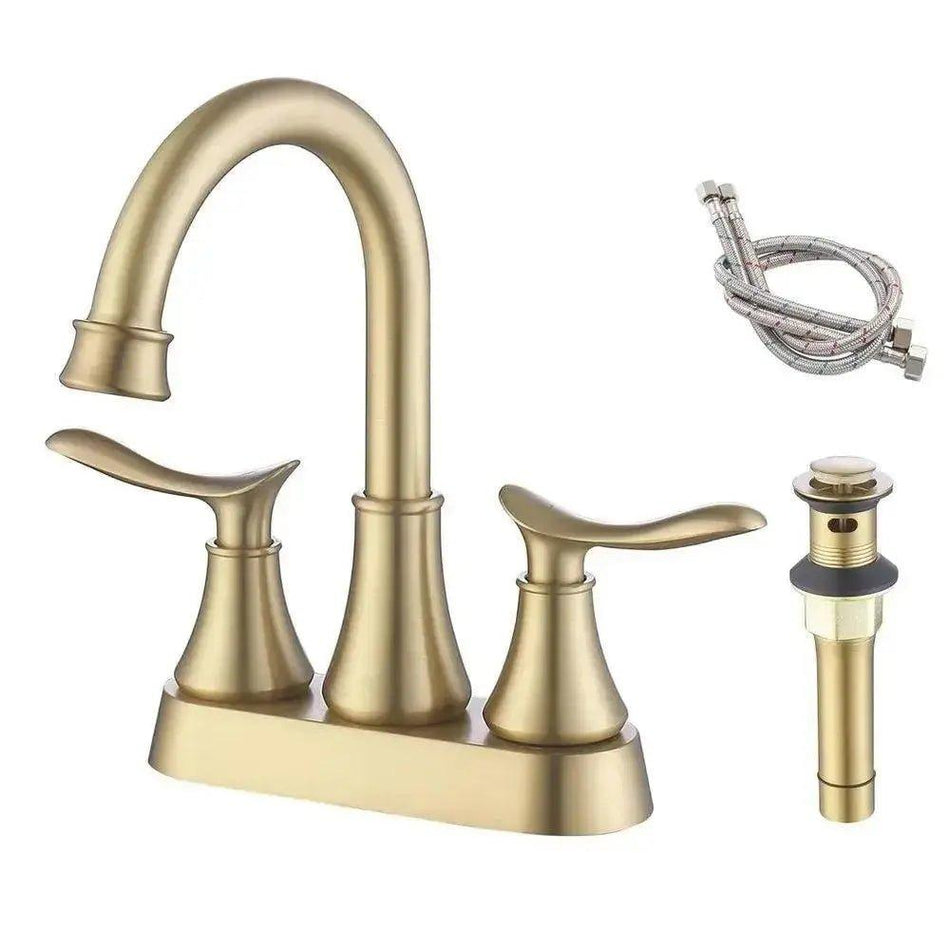 2-Handle 4-Inch Brushed Gold Bathroom Faucet, Bathroom Vanity Sink Faucets with Pop-up Drain and Supply Hoses       Default Title