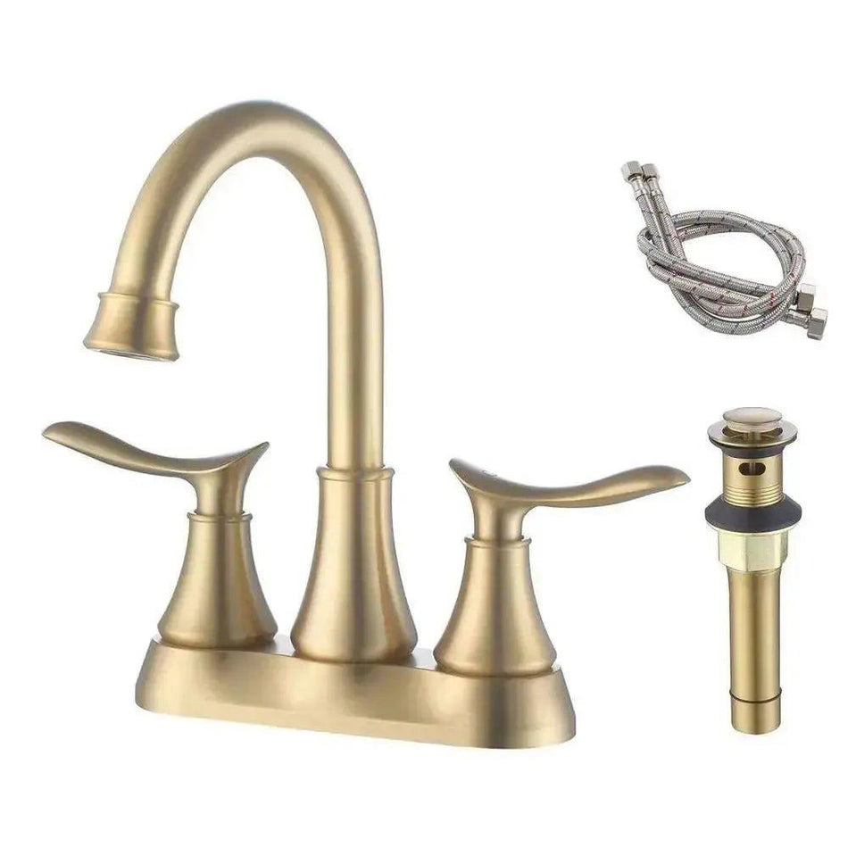 2-Handle 4-Inch Brushed Gold Bathroom Faucet, Bathroom Vanity Sink Faucets with Pop-up Drain and Supply Hoses      Default Title