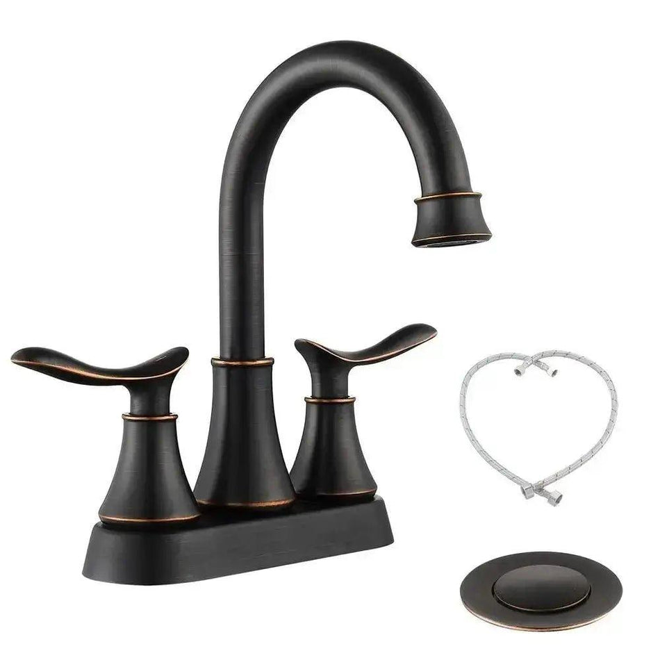 2-Handle 4-Inch Oil Rubbed Bronze Bathroom Faucet, Bathroom Vanity Sink Faucets with Pop-up Drain and Supply Hoses      Default Title