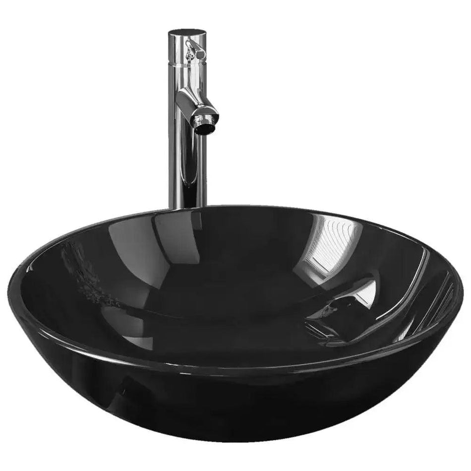 Bathroom Sink with Tap and Push Drain Black Tempered Glass      Default Title