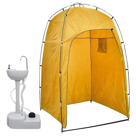 Portable camping handwash stand with tent and toilet, perfect for outdoor adventures.