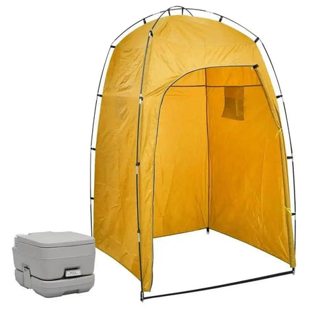 Portable Camping Toilet with Tent 10+10 L next to cooler and container, yellow fabric and pole visible.